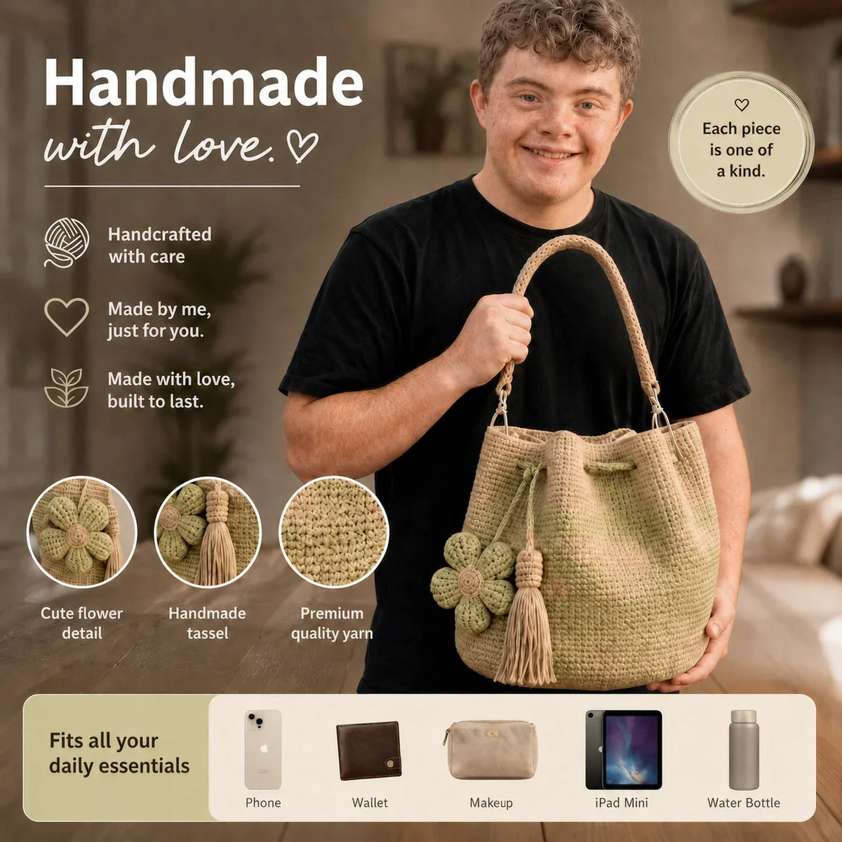 Space-Saving Handwoven Flower Bucket Bag for Organized Storage