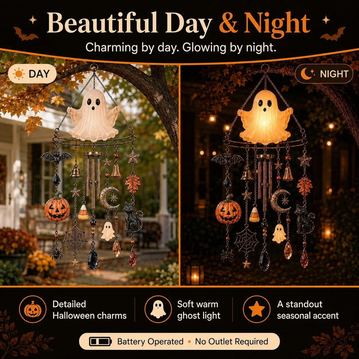 Outdoor Haunted Glow Ghost Wind Chime for Garden Display