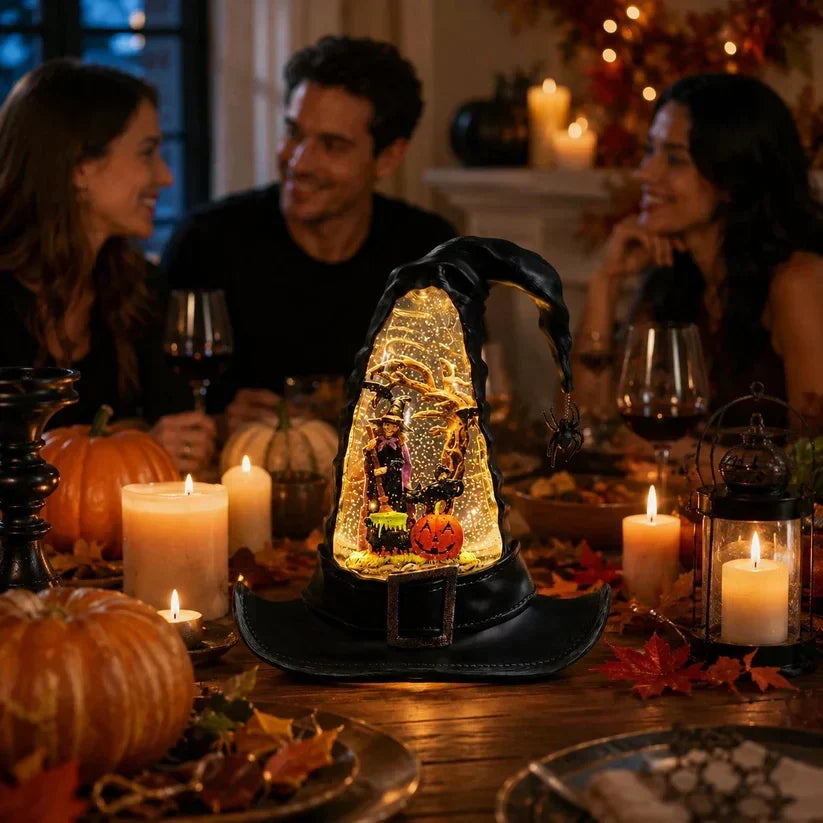 Decorative Witches Hat Lighted Water Lantern With Swirling Glitter
