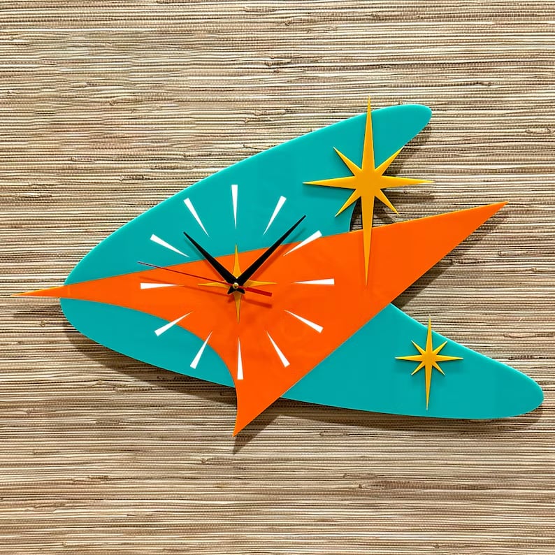 Purpose-Built Mid Century Modern Atomic Boomerang Wall Clock – Retro