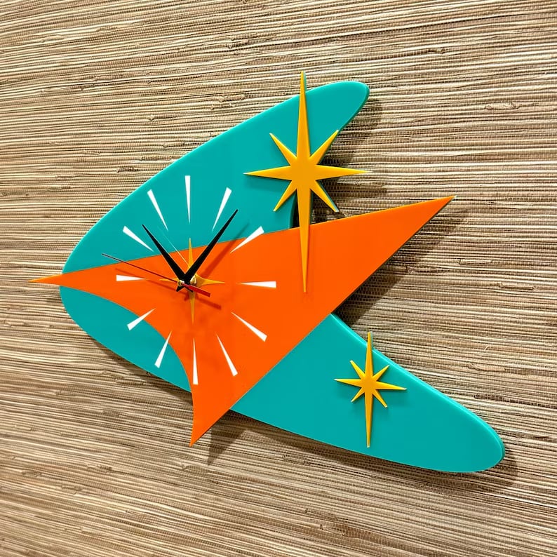 Purpose-Built Mid Century Modern Atomic Boomerang Wall Clock – Retro