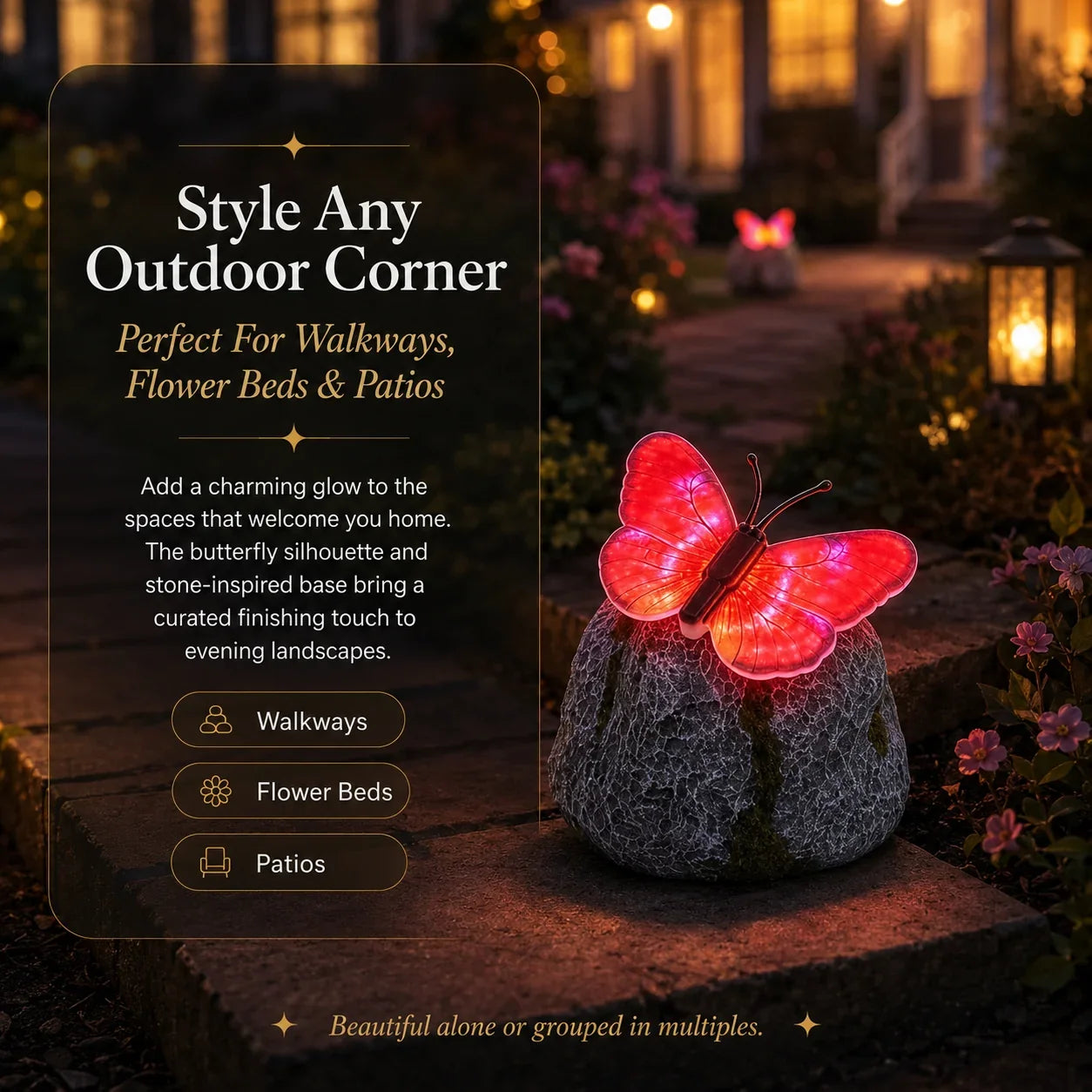 Color-Lit Butterfly Landscape Accent with Stone-Style Base