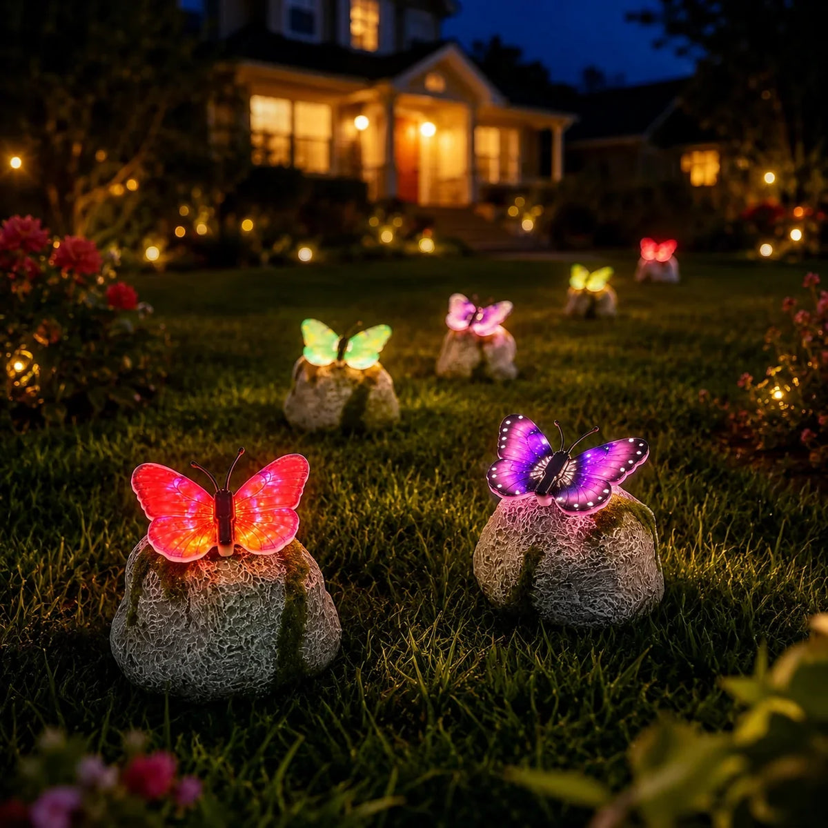 Color-Lit Butterfly Landscape Accent with Stone-Style Base