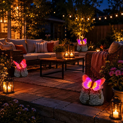 Color-Lit Butterfly Landscape Accent with Stone-Style Base