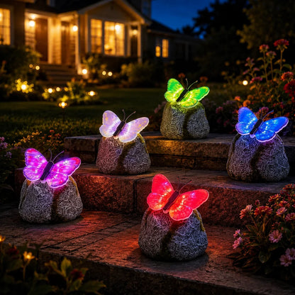 Color-Lit Butterfly Landscape Accent with Stone-Style Base