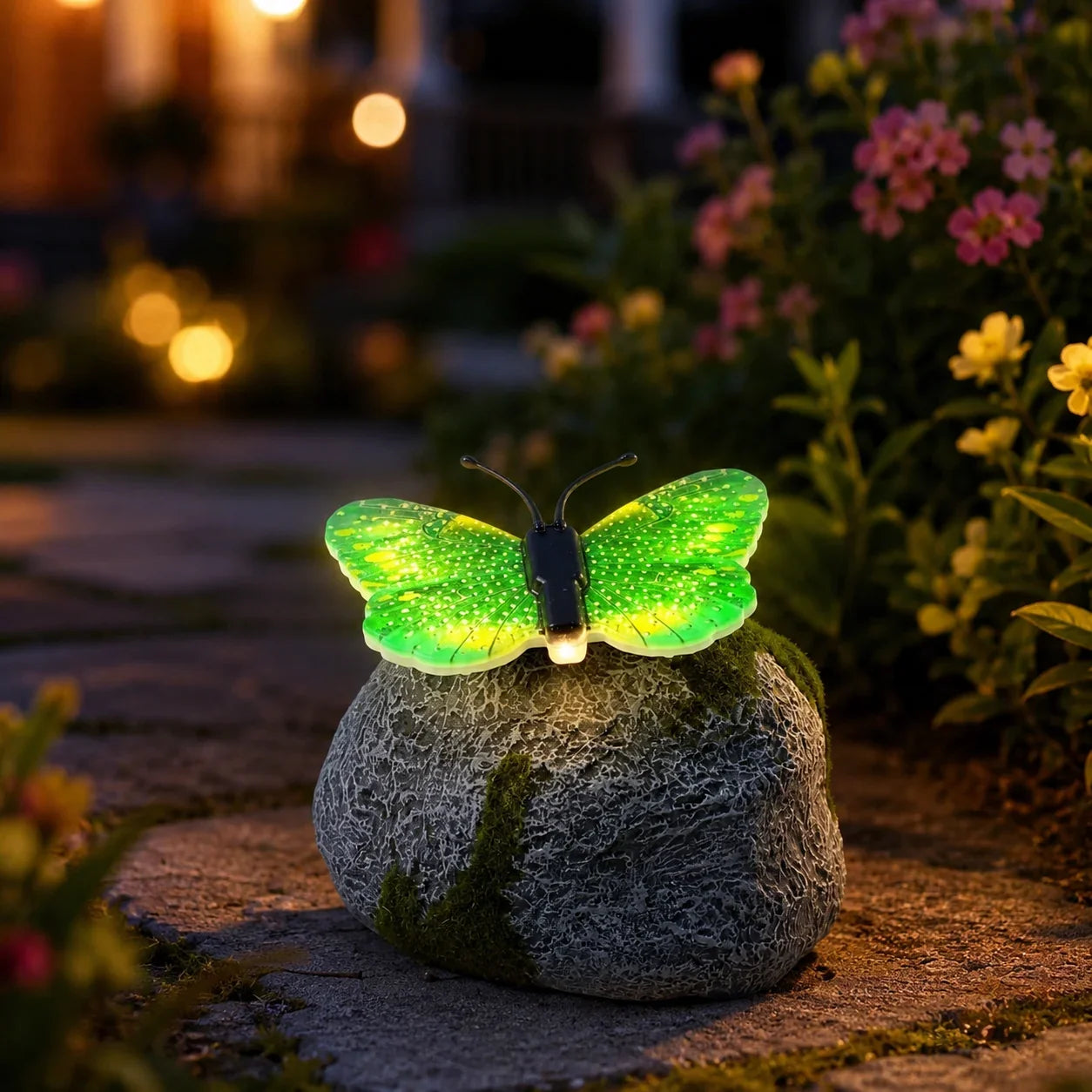 Color-Lit Butterfly Landscape Accent with Stone-Style Base