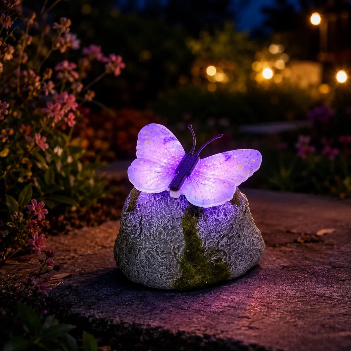 Color-Lit Butterfly Landscape Accent with Stone-Style Base