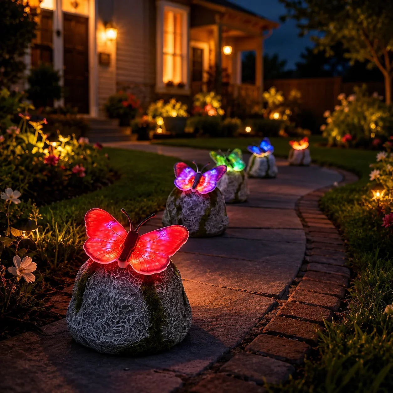 Color-Lit Butterfly Landscape Accent with Stone-Style Base