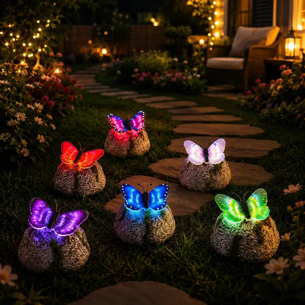 Color-Lit Butterfly Landscape Accent with Stone-Style Base