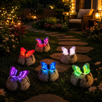 Color-Lit Butterfly Landscape Accent with Stone-Style Base