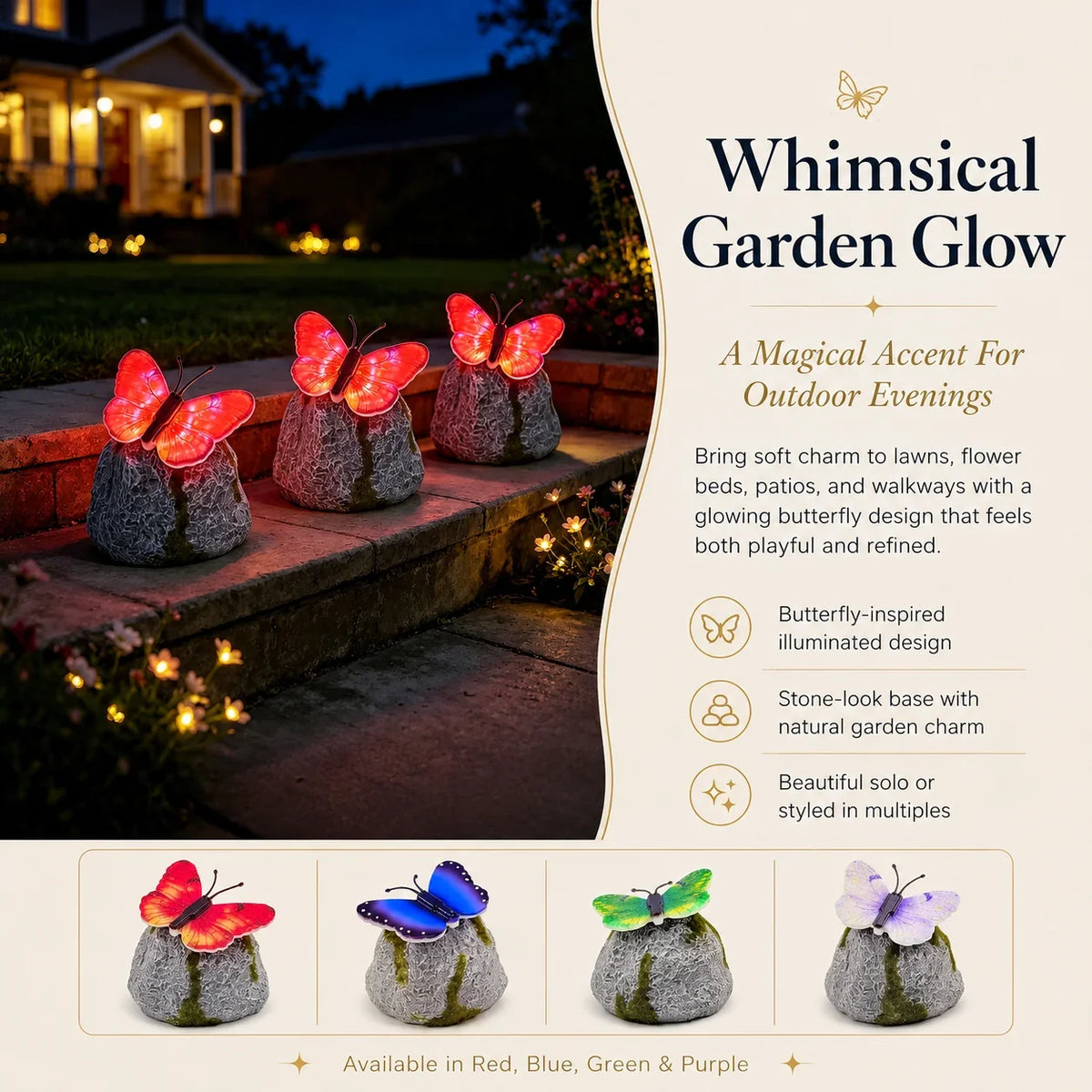Color-Lit Butterfly Landscape Accent with Stone-Style Base