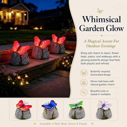 Color-Lit Butterfly Landscape Accent with Stone-Style Base