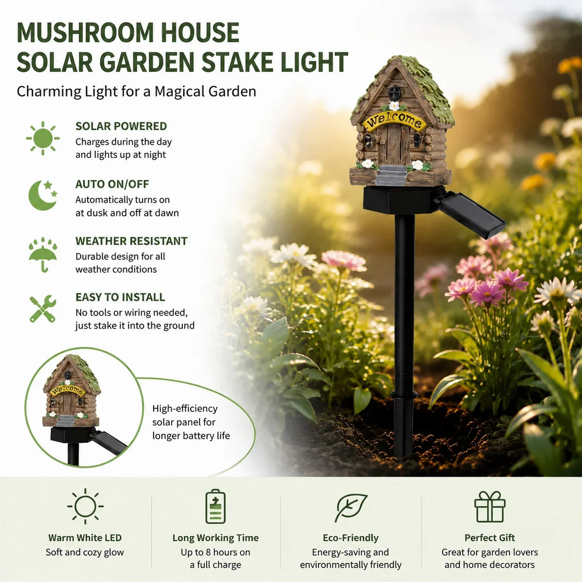 Outdoor Solar Fairy Tale Mushroom Cottage Garden Light – Whimsical