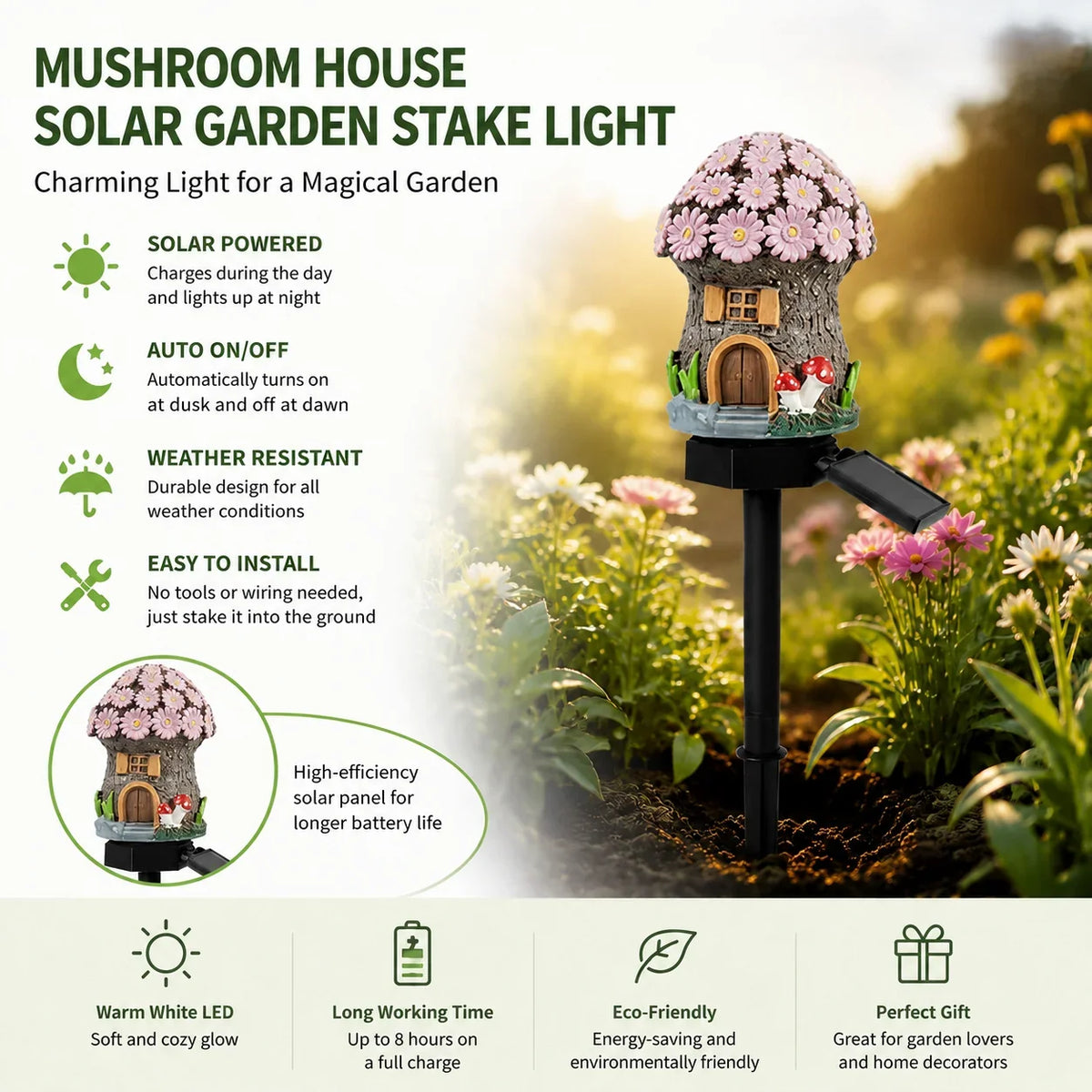 Outdoor Solar Fairy Tale Mushroom Cottage Garden Light – Whimsical