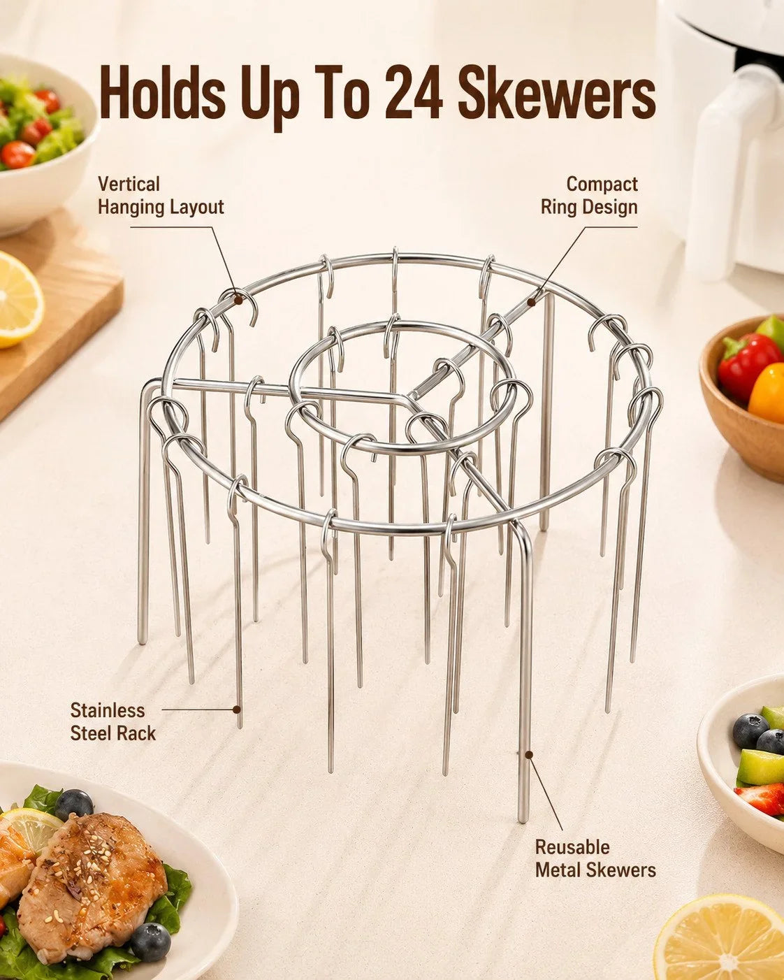 Purpose-Built Heat-Resistant Vertical Skewers Clavo Air Fryer