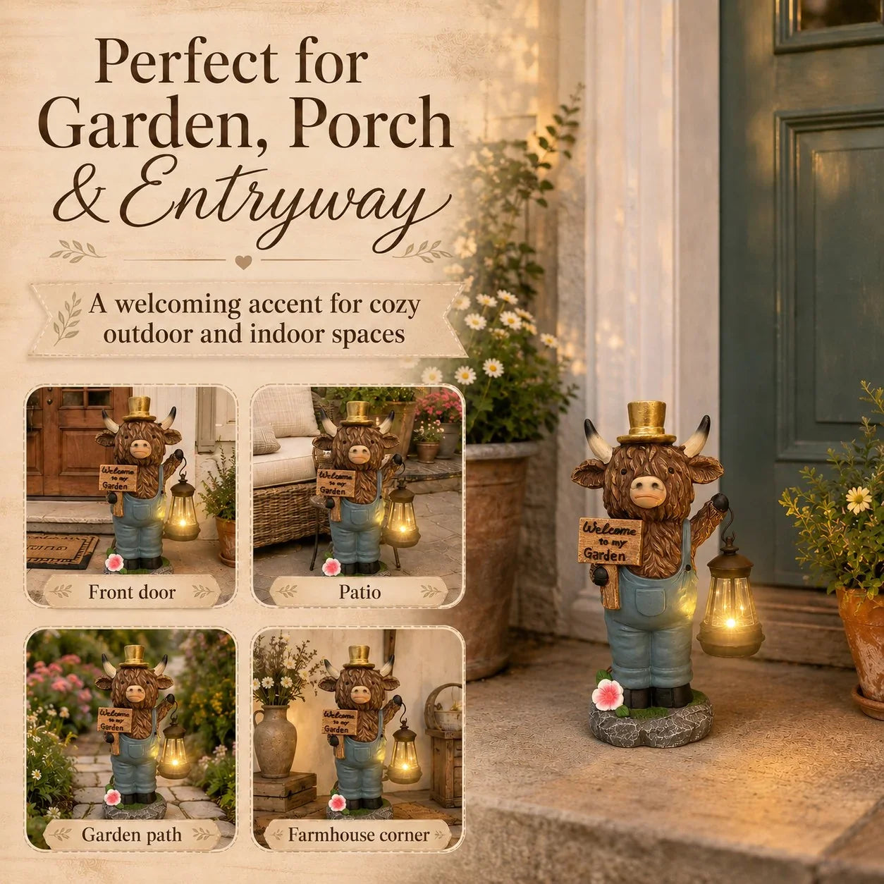 Solar Farmhouse Cow Statue with a Hanging Garden Lantern