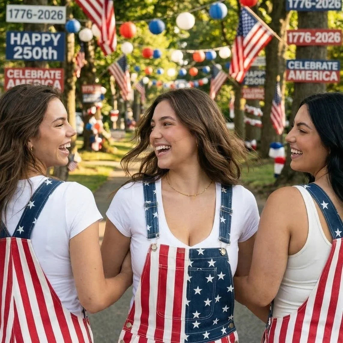 American Flag Denim Overall Shorts with Adjustable Straps