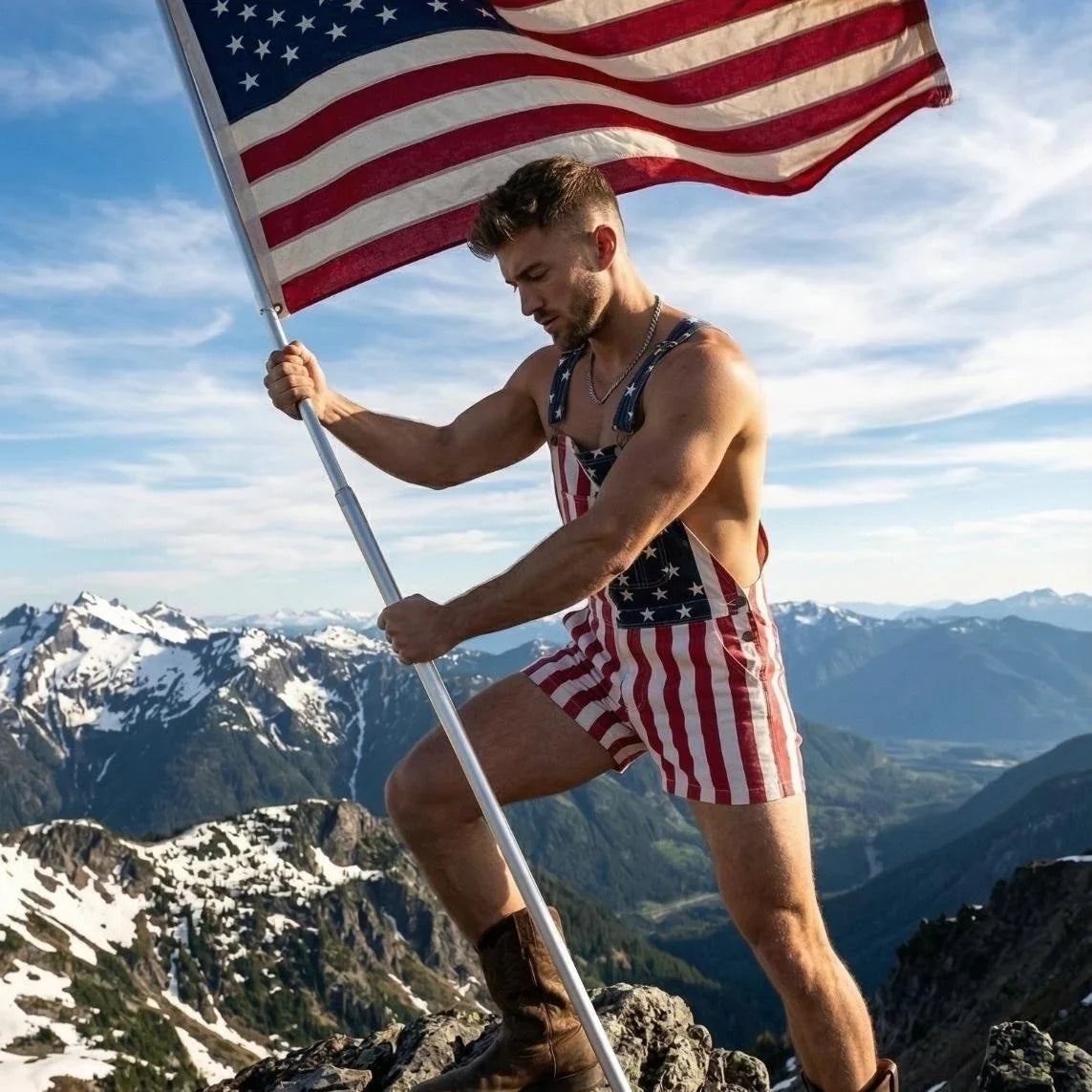 American Flag Denim Overall Shorts with Adjustable Straps
