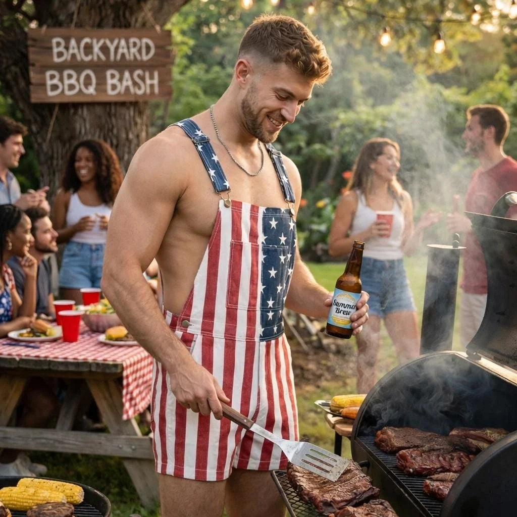 American Flag Denim Overall Shorts with Adjustable Straps