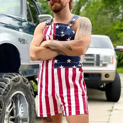 American Flag Denim Overall Shorts with Adjustable Straps