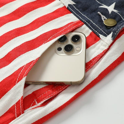 American Flag Denim Overall Shorts with Adjustable Straps