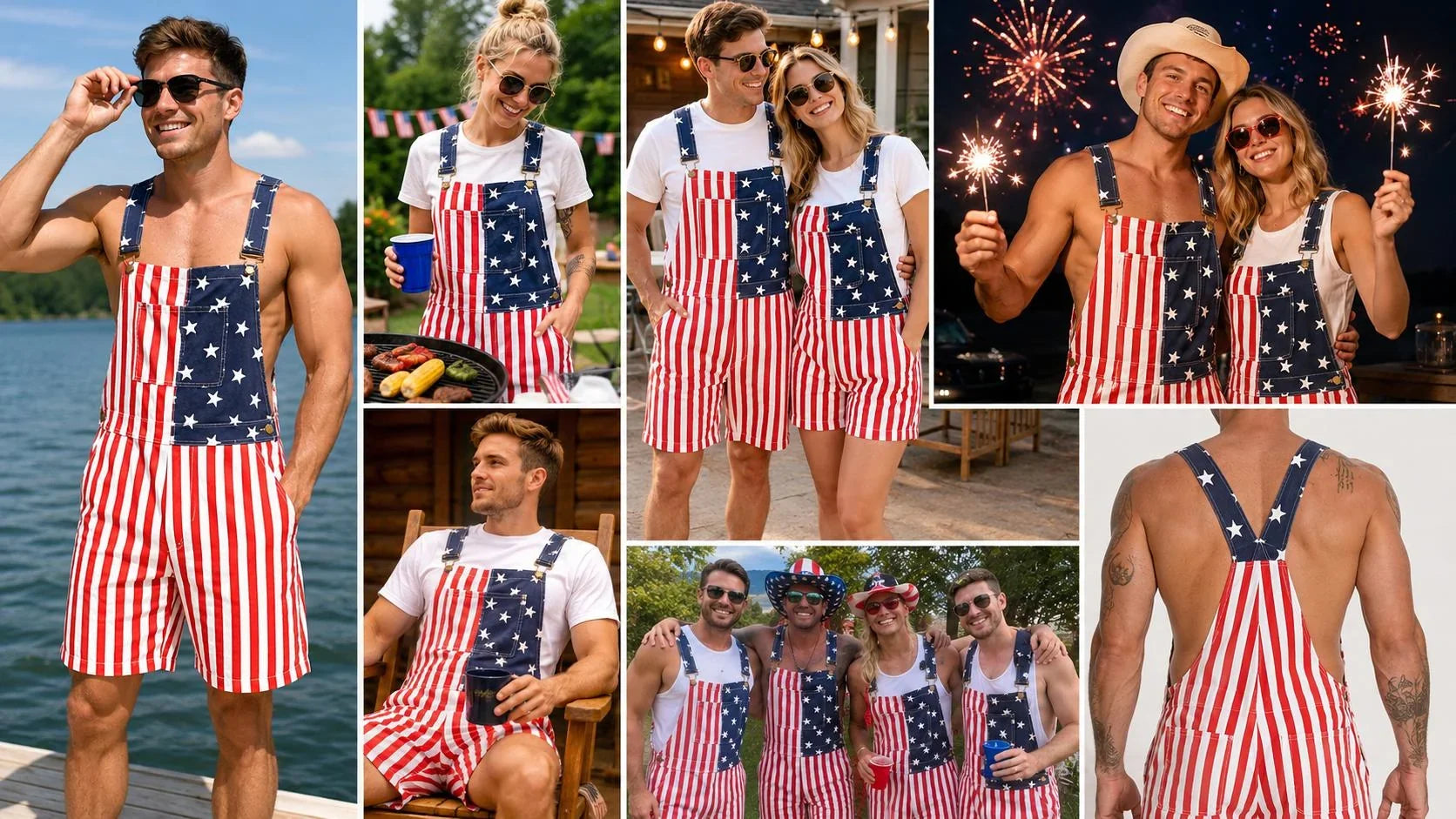 American Flag Denim Overall Shorts with Adjustable Straps