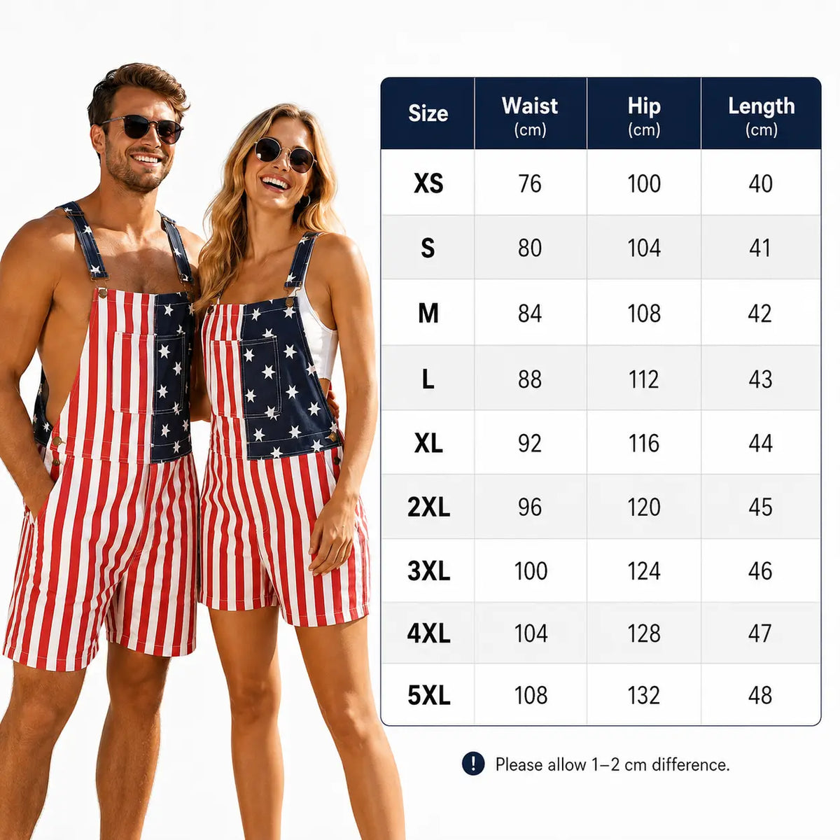 American Flag Denim Overall Shorts with Adjustable Straps