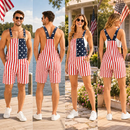 American Flag Denim Overall Shorts with Adjustable Straps