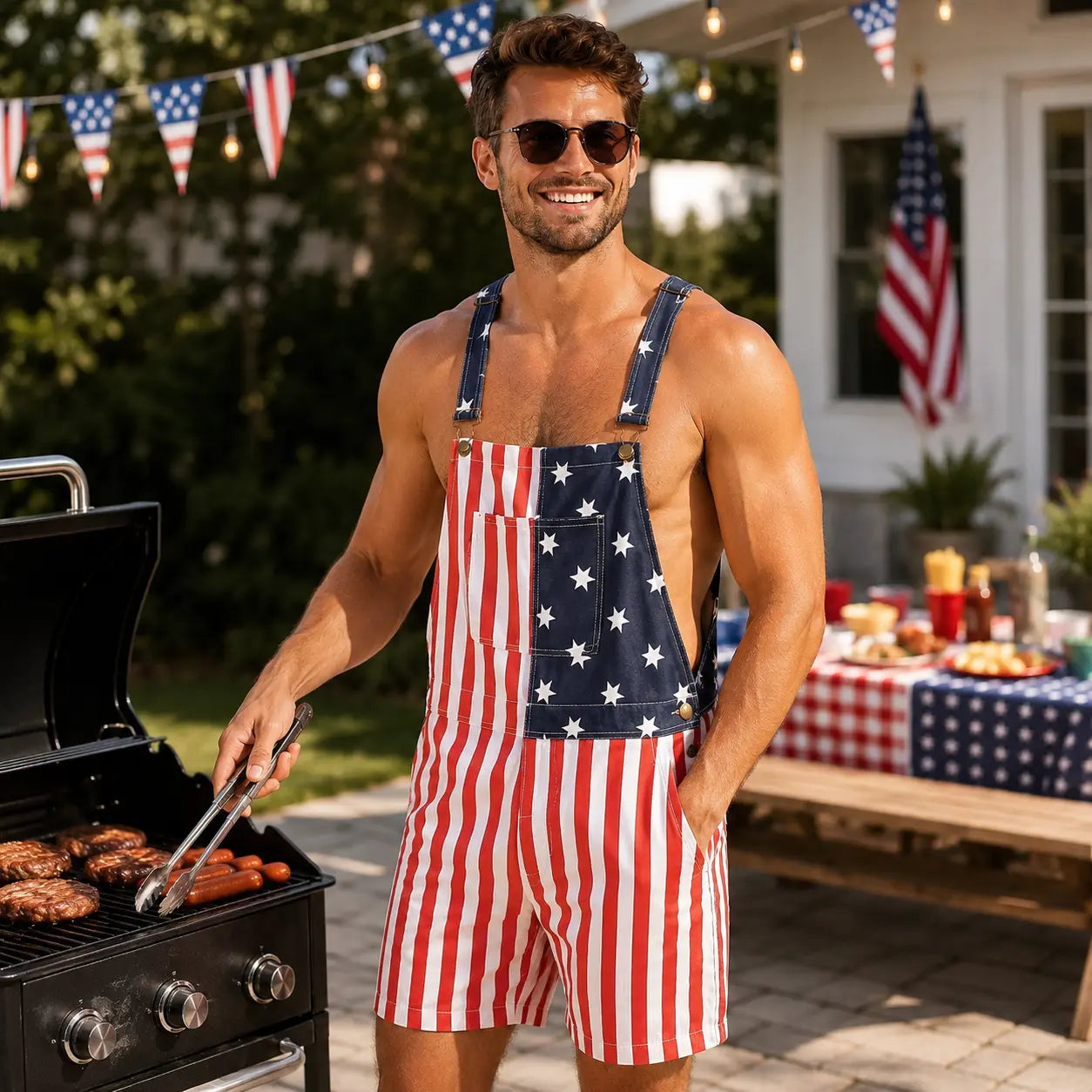 American Flag Denim Overall Shorts with Adjustable Straps