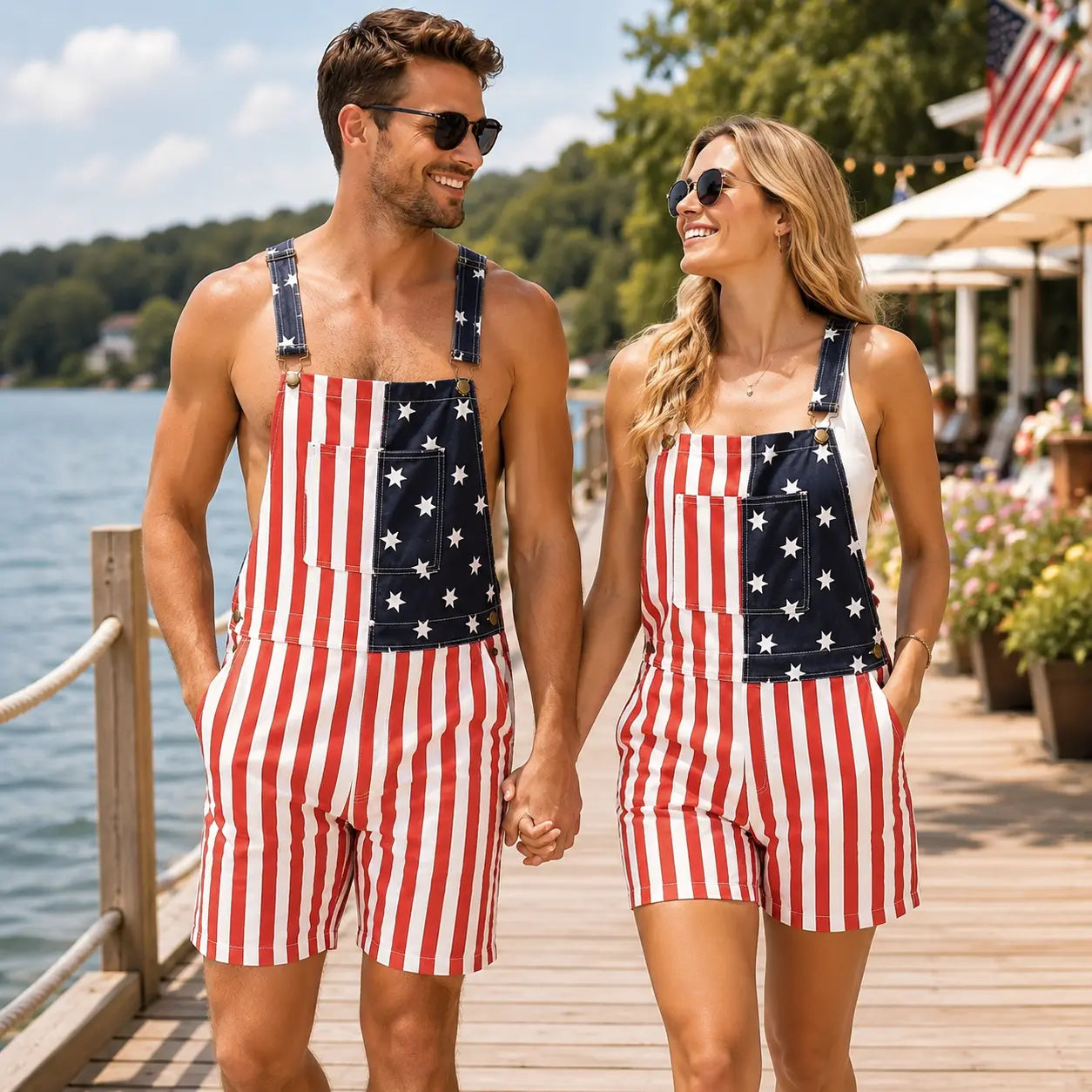 American Flag Denim Overall Shorts with Adjustable Straps