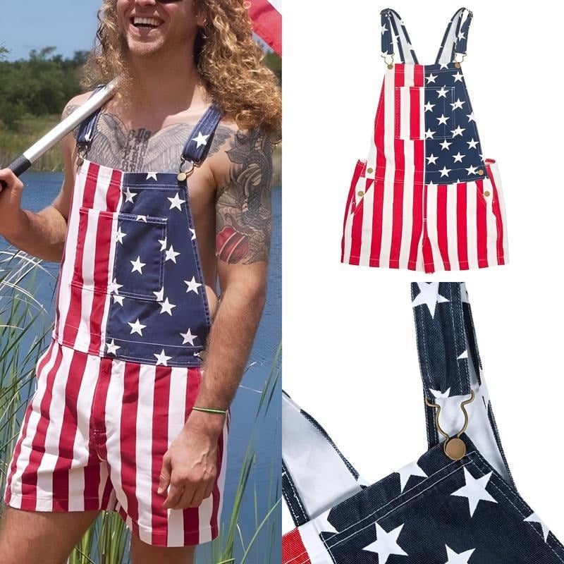 American Flag Denim Overall Shorts with Adjustable Straps