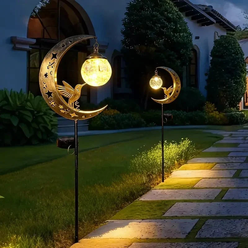 Hummingbird Moon Solar Stake Light with Crackle-Glass Orb