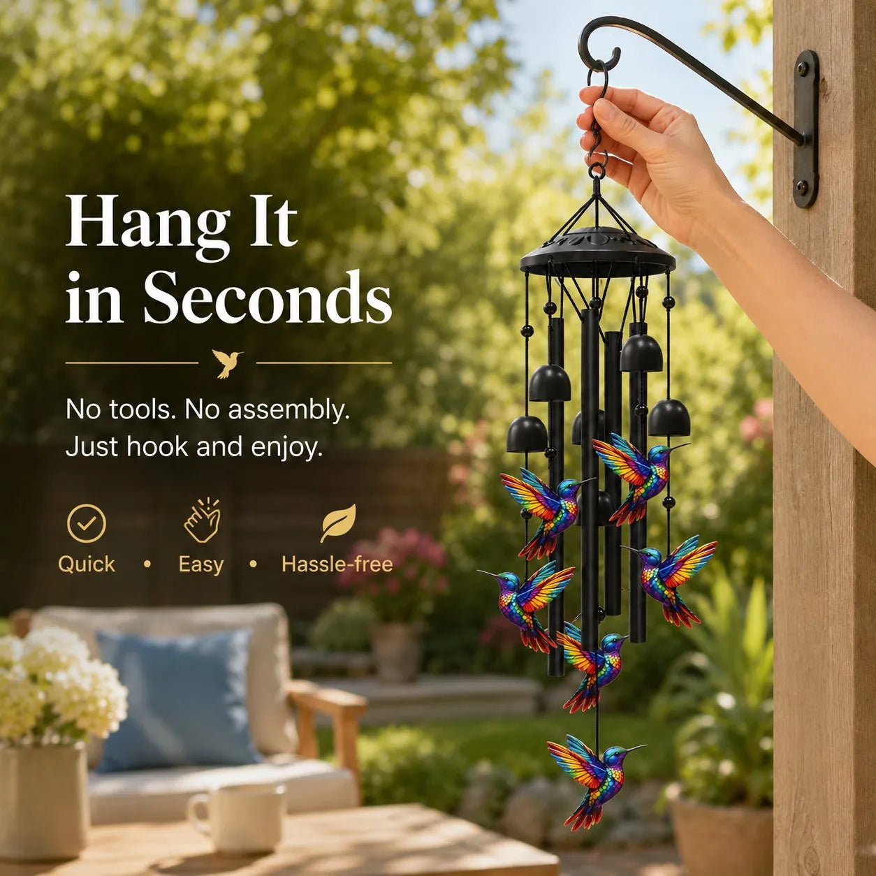 Colorful Metal Hummingbird Chime with Hanging Bells