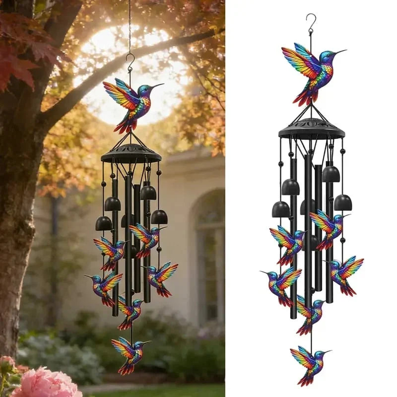 Colorful Metal Hummingbird Chime with Hanging Bells