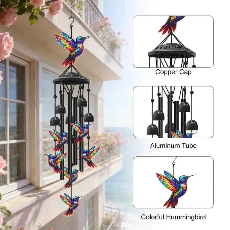 Colorful Metal Hummingbird Chime with Hanging Bells