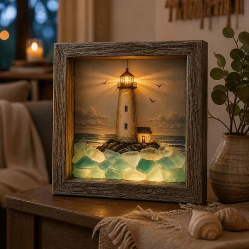 Decorative Coastal Lighthouse Sea Glass Shadow Box Light – Nautical