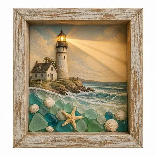 Decorative Coastal Lighthouse Sea Glass Shadow Box Light – Nautical