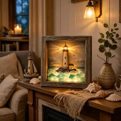 Decorative Coastal Lighthouse Sea Glass Shadow Box Light – Nautical