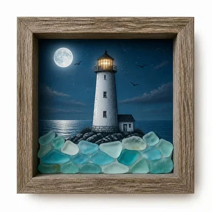 Decorative Coastal Lighthouse Sea Glass Shadow Box Light – Nautical