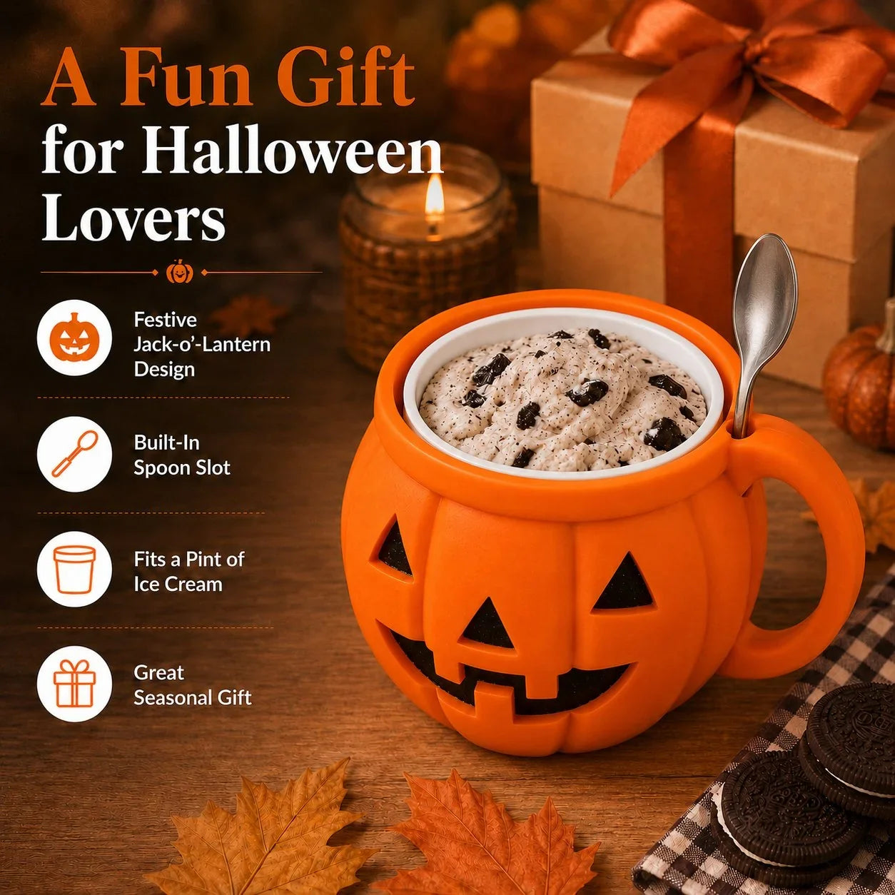 Pumpkin Cup with Built-In Spoon Holder for Spooky Season Drinks