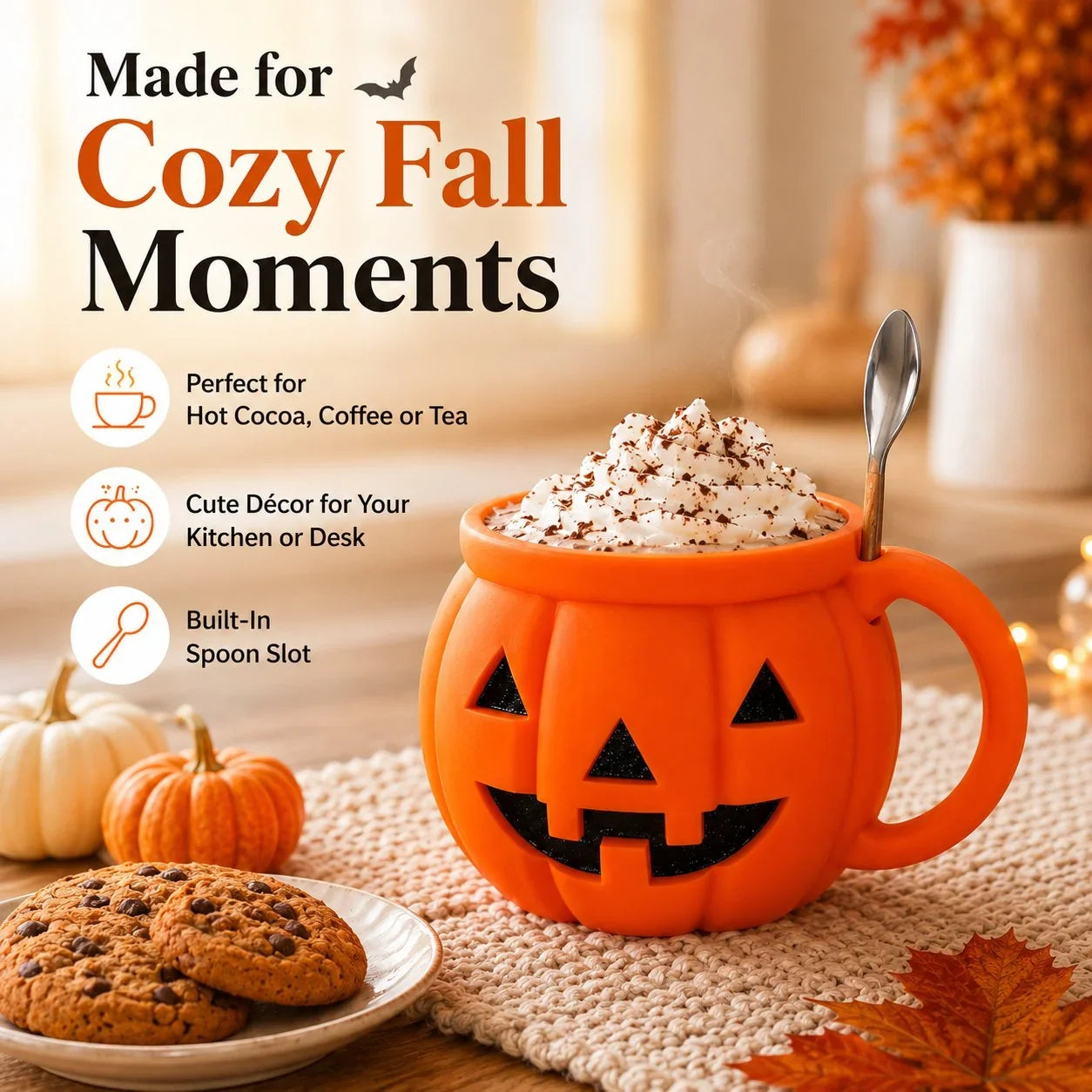 Pumpkin Cup with Built-In Spoon Holder for Spooky Season Drinks