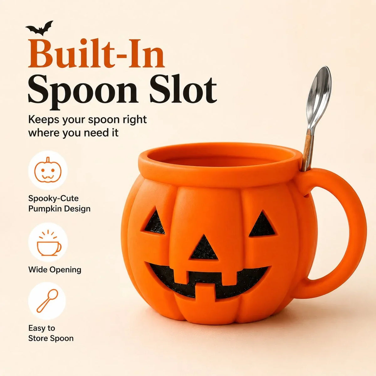 Pumpkin Cup with Built-In Spoon Holder for Spooky Season Drinks