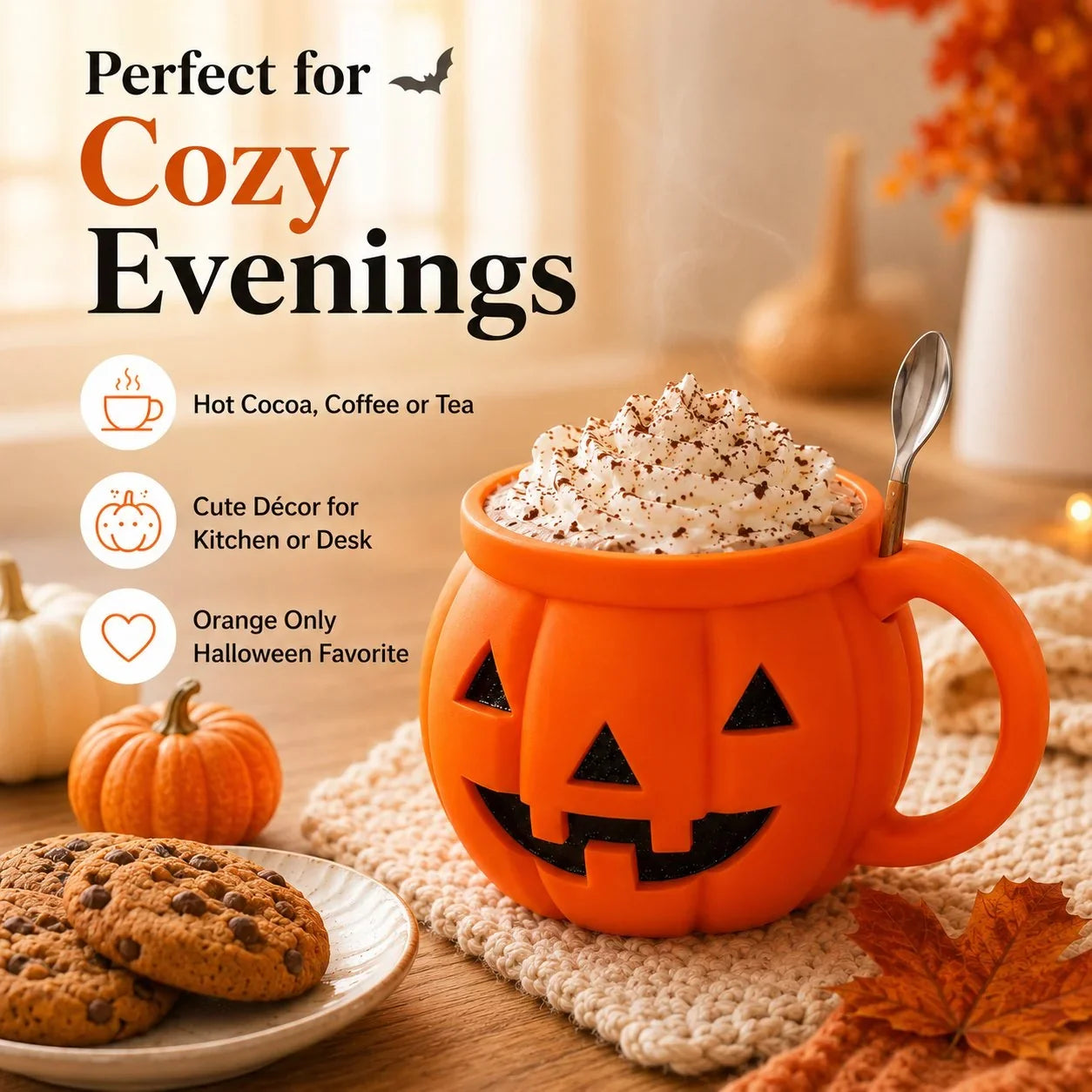 Pumpkin Cup with Built-In Spoon Holder for Spooky Season Drinks
