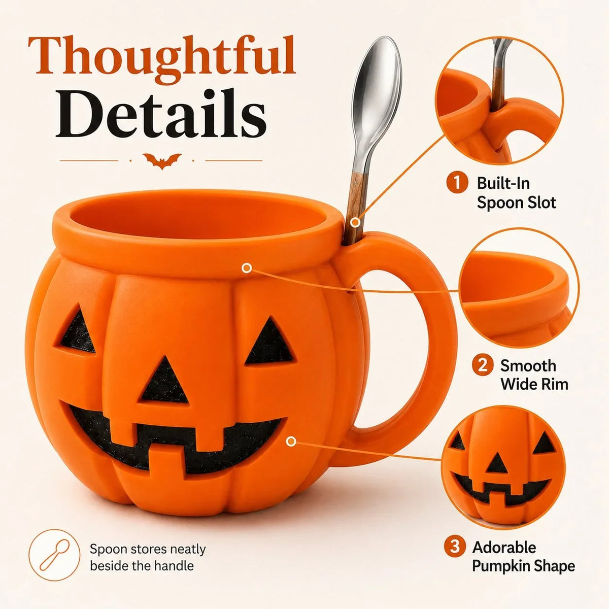 Pumpkin Cup with Built-In Spoon Holder for Spooky Season Drinks