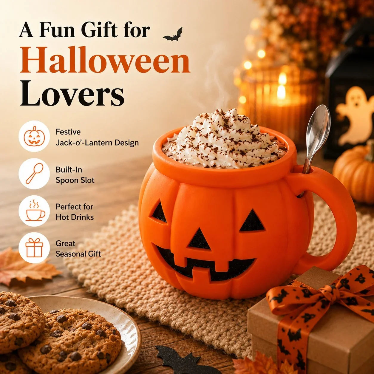 Pumpkin Cup with Built-In Spoon Holder for Spooky Season Drinks