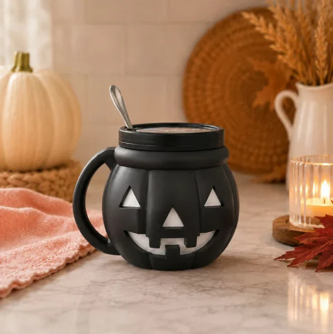 Pumpkin Cup with Built-In Spoon Holder for Spooky Season Drinks