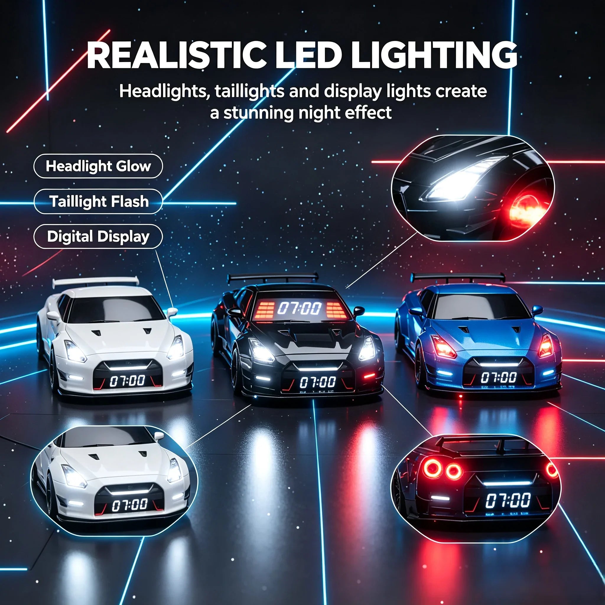 GTR Hypercar Alarm Clock with Flame, Smoke and LED Light Effects