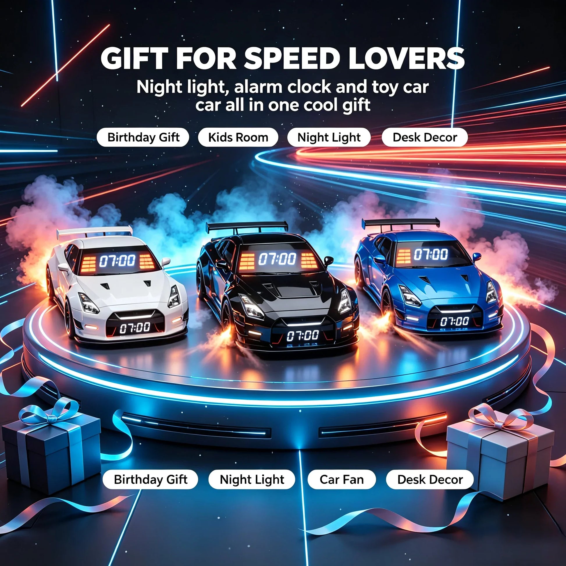 GTR Hypercar Alarm Clock with Flame, Smoke and LED Light Effects