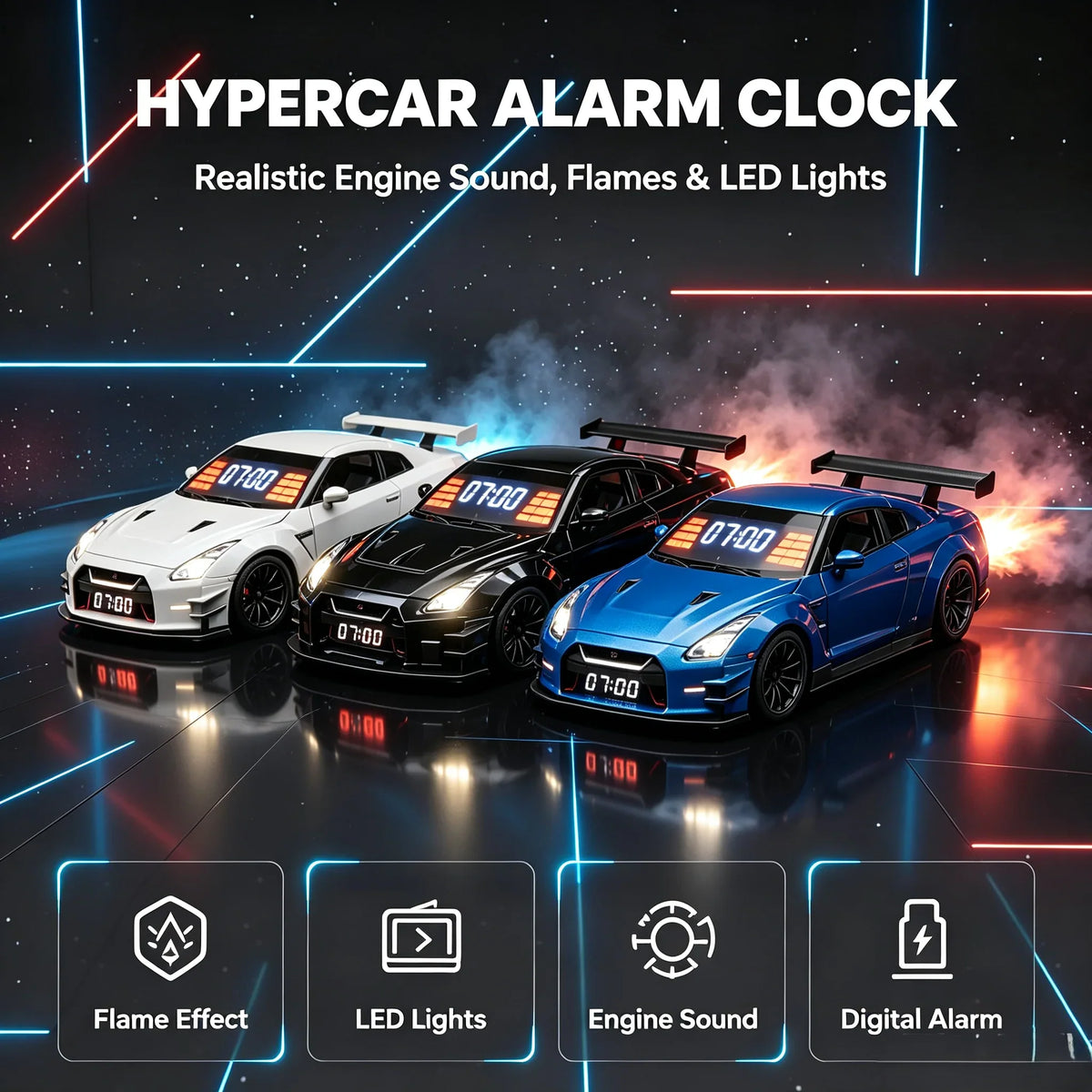 GTR Hypercar Alarm Clock with Flame, Smoke and LED Light Effects