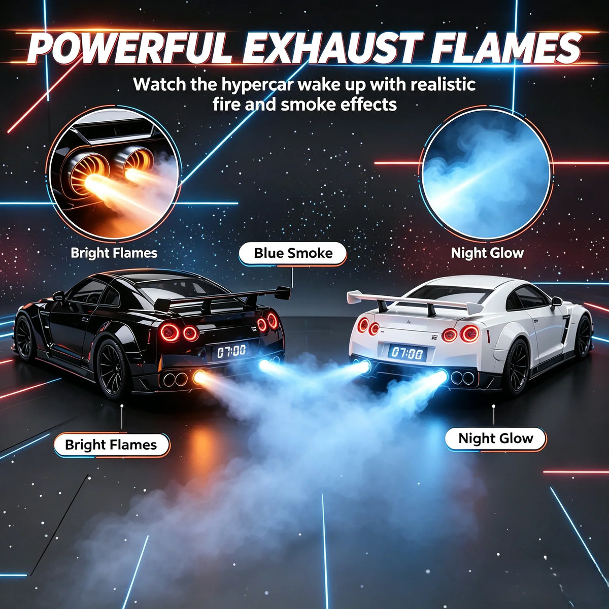GTR Hypercar Alarm Clock with Flame, Smoke and LED Light Effects